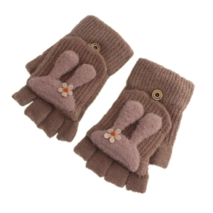 Cute brown knitted convertible gloves for women with 3D plush rabbit and wooden button