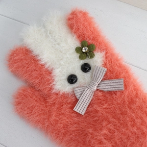 Winter faux mink fur knit gloves for kids featuring cute rabbit ears in coral orange