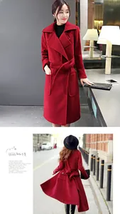 Detail view of a long red wool blend coat featuring a waist tie belt and large lapels