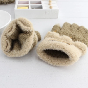 Thickened winter knitted gloves for children with warm faux fleece lining in khaki