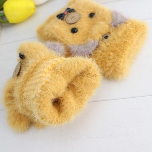 Soft yellow faux mink fur fingerless gloves with cute bear design and convertible flap cover