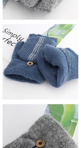 Detailed view of knitted fingerless flip gloves with button closure and stripe pattern
