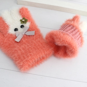 Winter faux mink fur children's gloves featuring cute pink rabbit design and soft plush lining
