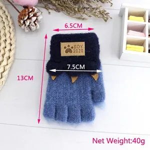 Winter thick knit half-finger gloves for kids featuring navy blue leopard claw design
