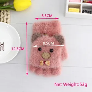 Pink plush bear kids flip-top mittens with dimensions and weight on wooden background