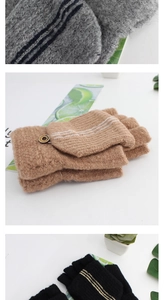 Detail of winter convertible flip-top fingerless gloves in grey, camel, and black knit