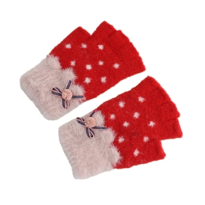 Kids thermal fingerless gloves with red polka dots and soft plush cuffs and bow