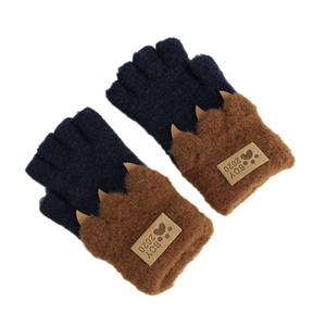 Winter thick knit fingerless gloves for kids with leopard paw design in dark blue