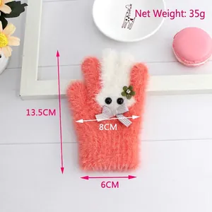 Pink winter plush mittens for kids with cute bunny design and floral bow decorations