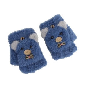 Navy blue kids plush convertible mittens with cute bear design and fingerless option