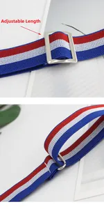 Detail showing the adjustable silver metal buckle on red white and blue elastic webbing strap