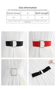 Size chart showing width, length, and elastic range for circular metal buckle stretch belts