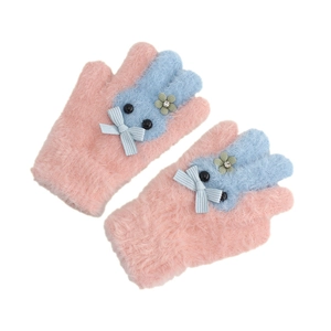 Winter cartoon rabbit fleece gloves for kids in pink and blue contrast plush design