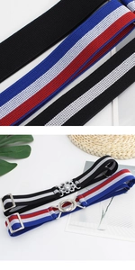Detail of adjustable elastic stretch belts in striped patterns with zinc alloy buckles