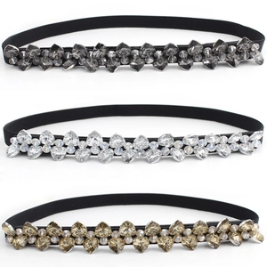 Women Elastic Rhinestone Belt Sparkling Heart Rhinestone Inlaid PU Skinny Corset Belt For Dress Wedding Party Jewelry