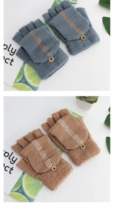 Close-up of men's winter knitted striped convertible flip top fingerless gloves