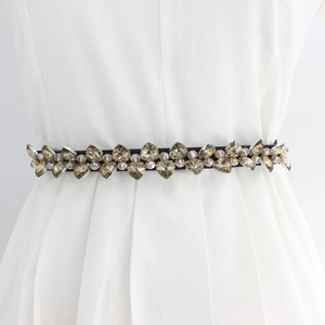 Elastic waist belt with sparkling champagne crystal hearts and round rhinestones for dresses