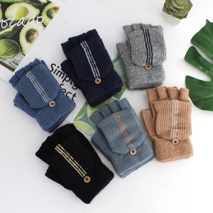 Men Winter Warm Acrylic Knitted Gloves Striped Convertible Fingerless Gloves With Flip Top Mitten Cover Fashion Male Gloves