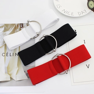 Women Elastic Waist Belt Metal Round Buckle Stretch Cinch Belt For Dresses Fashion Decorative Waistband