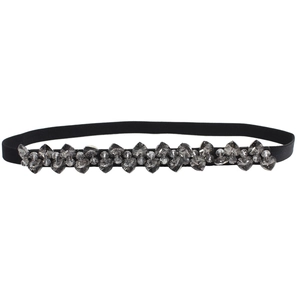 Elastic black waist belt for women with sparkling heart-shaped grey crystal rhinestones