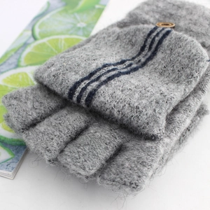 Men's winter grey knitted convertible mittens with navy stripes and wooden button detail