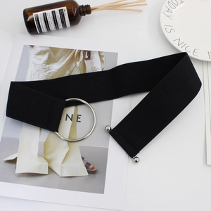 Elastic black waist belt with silver metal rings for women dresses in modern chic style