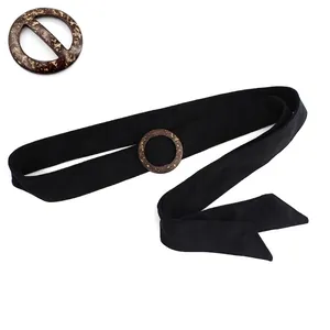Black woolen waist belt for women's coats featuring a vintage round resin buckle