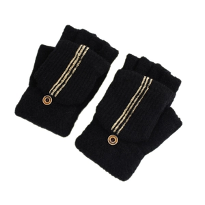 Men's winter knit flip top gloves in black with gold stripes and fashion button detail
