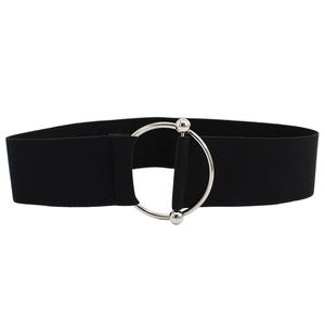 Women's elastic black waist belt featuring a minimalist silver metal ring buckle design