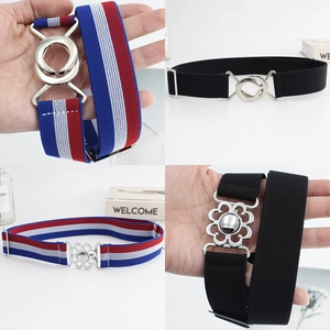 Elastic braided waist belts for women with silver buckles in round and floral patterns