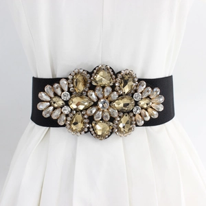 Elegant wide elastic waist belt for women with luxury champagne crystal rhinestone buckle