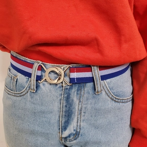 Elastic tricolor striped waist belt with silver metal ring buckle for women on jeans