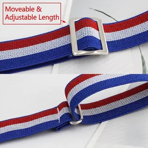 Adjustable elastic waist belt with red, blue and white stripes and silver buckle for women
