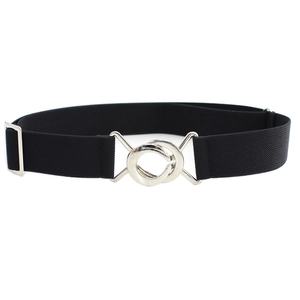 Elastic black waist belt for dresses with interlocking silver metal rings buckle