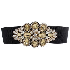 Elegant women elastic waist belt with champagne crystal flower buckle on black fabric