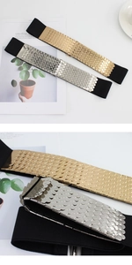 Damen Taillengürtel in Gold und Silber mit metallischer Fischschuppen-Textur und Gummizug