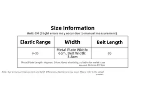 Size chart showing width and stretch range for metallic mirror elastic waist belt