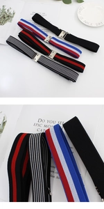 Detail of four elastic belts with various stripe patterns and silver metal buckle closure
