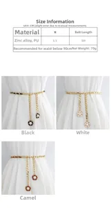 Size guide for women gold chain belt with leather woven detail and flower pearl pendant