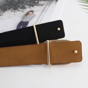 Women's vintage wide leather belt with gold buckle in black and tan brown colors