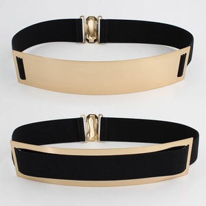 Women Fashion Elastic Wide Corset Belt Gold Metal Mirror Decorative Plate Interlock Buckle Stretch Waist Cinch For Dress
