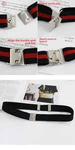 Detail of metal silver buckle and striped elastic belt with push-button closure