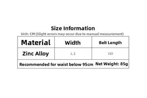 Size chart for zinc alloy hollow chain belt with 110cm length and 1.2cm width details