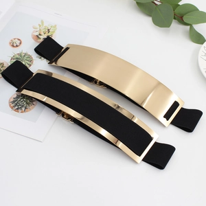 Women elastic waist belt with gold mirror metal plate and black stretchy band for dresses