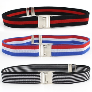 Unisex Adjustable Elastic Waist Belt Contrast Stripe Stretch Cinch Belt With Metal Interlocking Buckle Casual Fabric Waistband