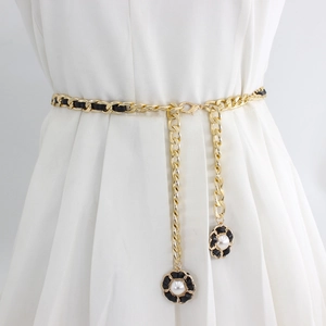 Women Elegant Camellia Artificial Pearl Pendant Chain Belt Metal Interwoven PU Leather Waist Chain For Dress Shirt Decorative Belt