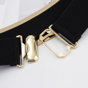 Elastic black waist belt with polished gold geometric metal buckle for women