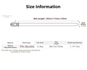 Guide des tailles pour ceinture en strass avec longueurs 105-125cm et largeur 3,8cm