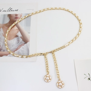 Golden metal chain belt with woven white ribbon and elegant camellia pearl charms