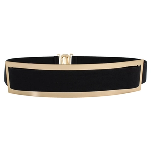 Elastic wide belt for women featuring a minimalist gold mirror metal buckle on black band